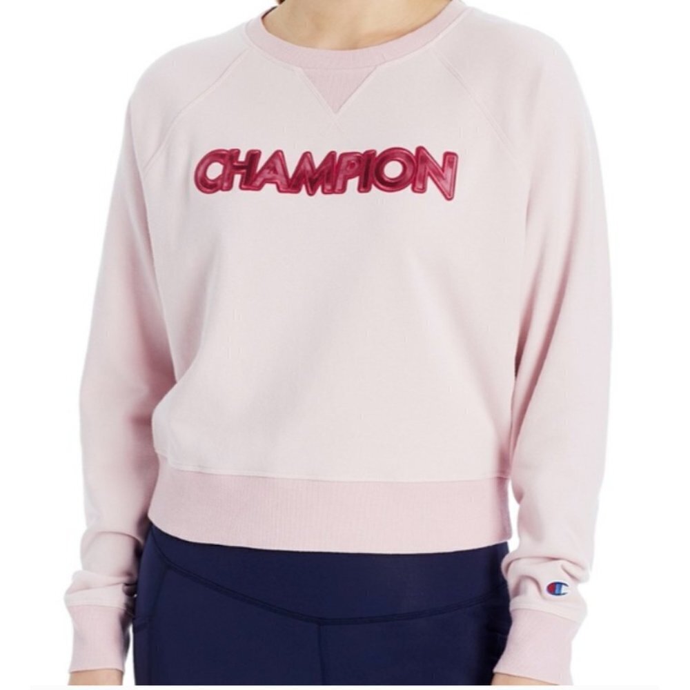 NWT Champion SPELLOUT Pink Campus French Terry Cotton Sweatshirt Size Medium
